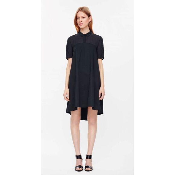 COS Sheer Yoke Minimialist Hi-Low Shift Shirt Dress LBD Sz. 6 - Picture 1 of 7